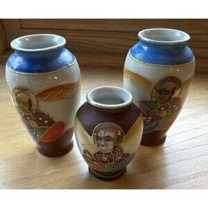 Occupied Japan Satsuma Moriage Miniature Vases Three Piece Vintage 1945-1952